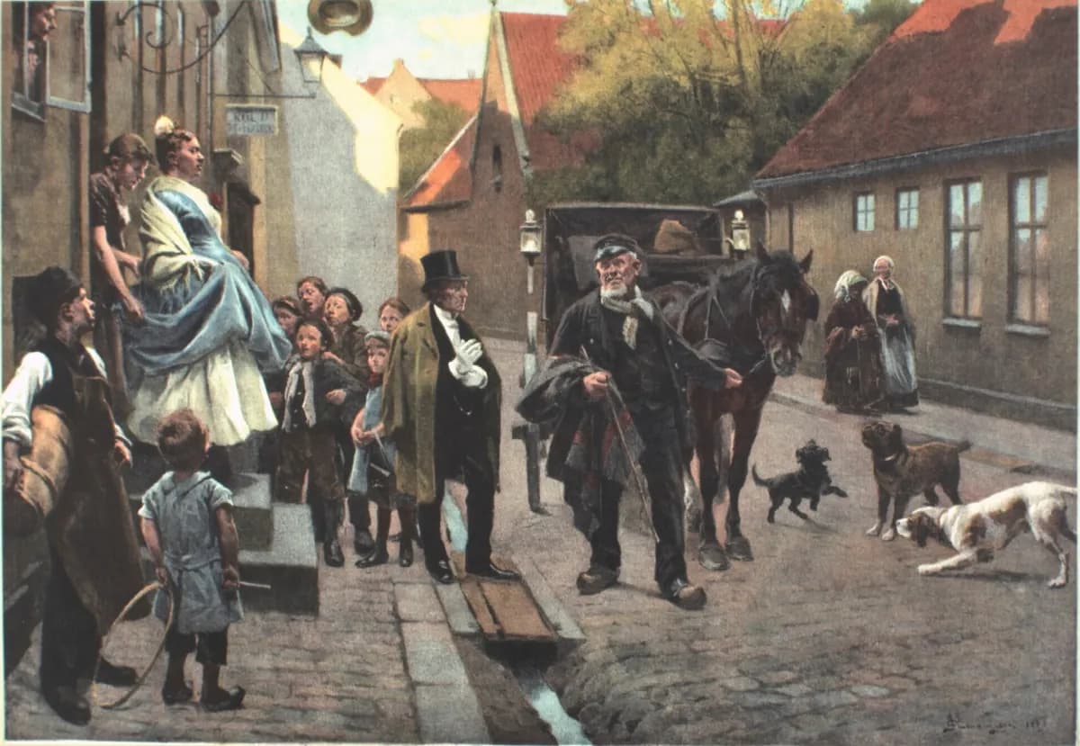 Fargelagt gatescene fra 1891: en brud i blått bæres ned en trapp mens barn, hunder og en kusk med hest ser på.